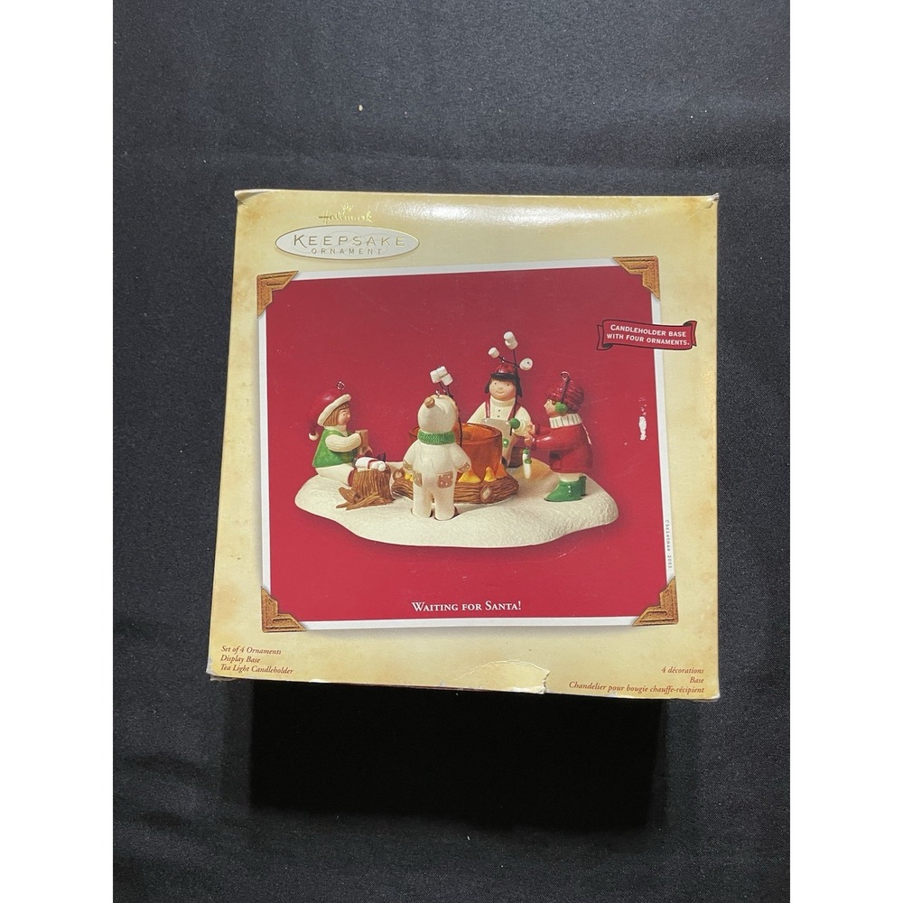 Vtg Hallmark Keepsake Waiting for Santa 4 Ornaments w/ candleholder Base Boxed